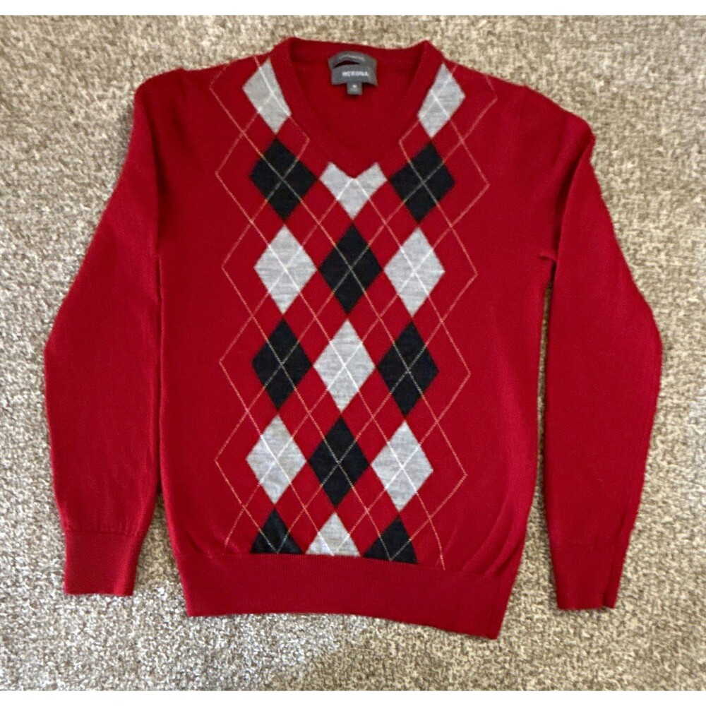 Merona Women's Medium Red Black Gray Argyle V Neck Pullover Sweater